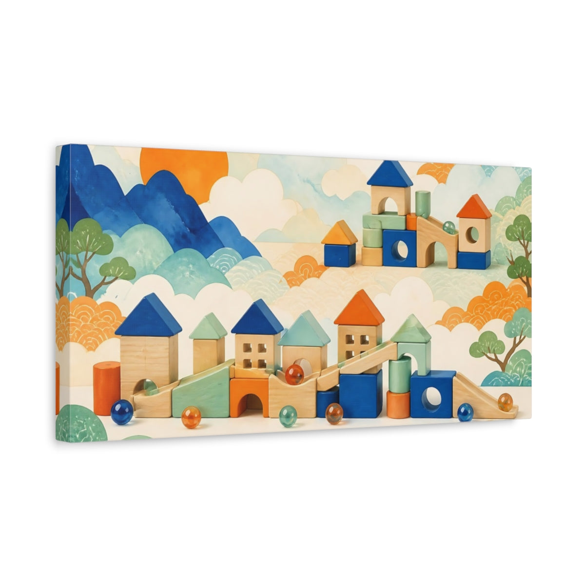 Side Mockup 3. Kids Room Wooden Village shown as canvas print
