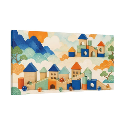 Side Mockup 1. Kids Room Wooden Village shown as canvas print