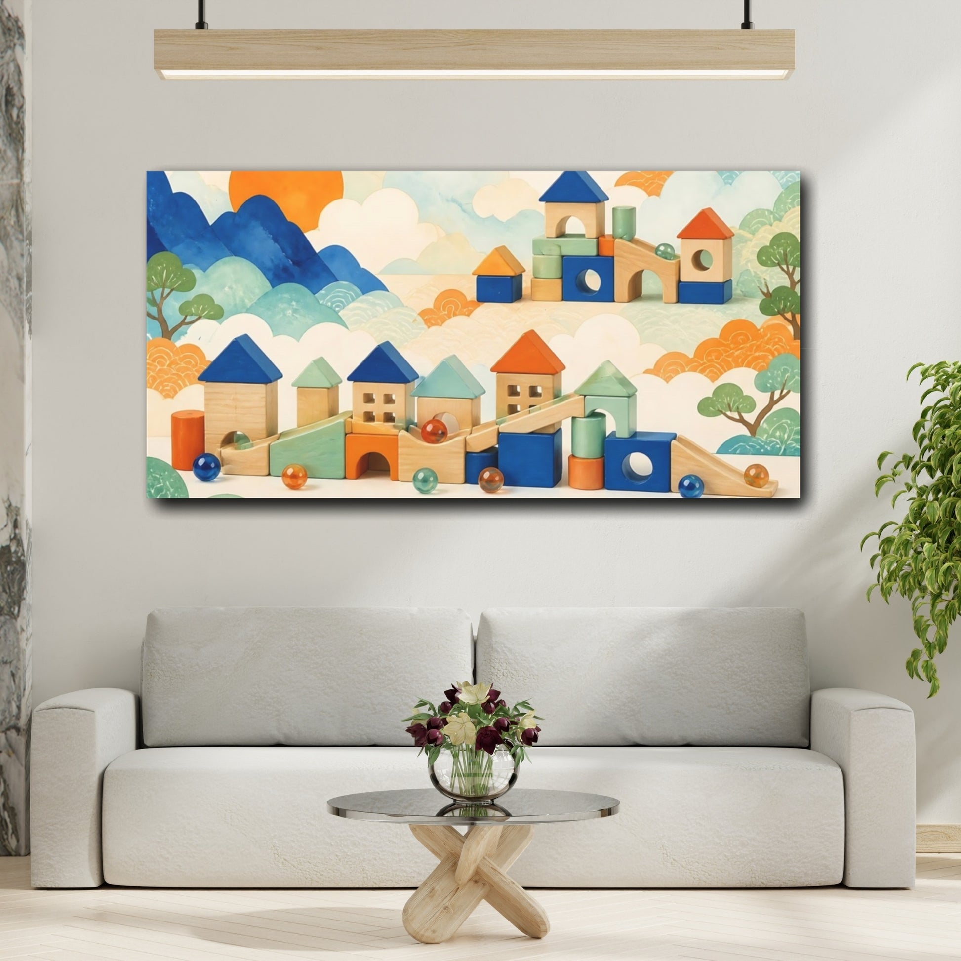 Mockup 2. Kids Room Wooden Village shown as canvas print