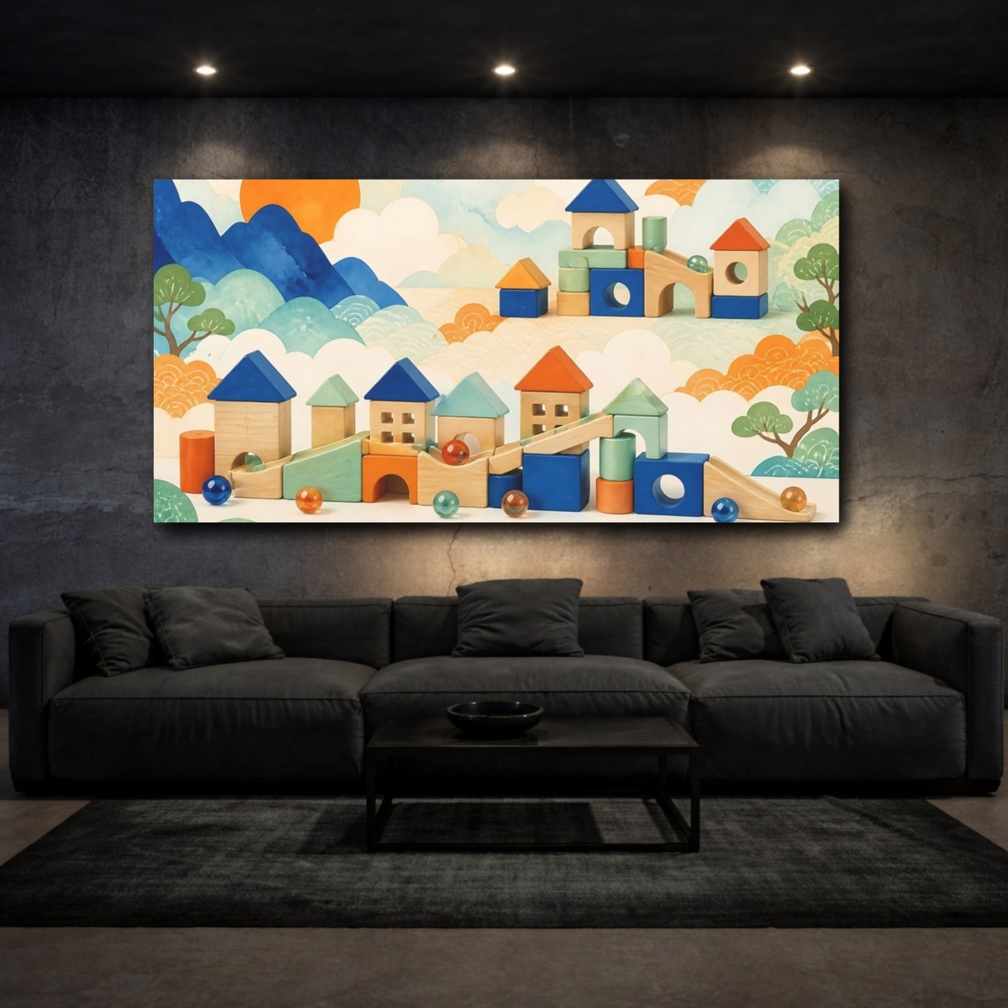Mockup 3. Kids Room Wooden Village shown as canvas print