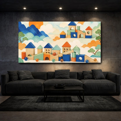 Mockup 3. Kids Room Wooden Village shown as canvas print