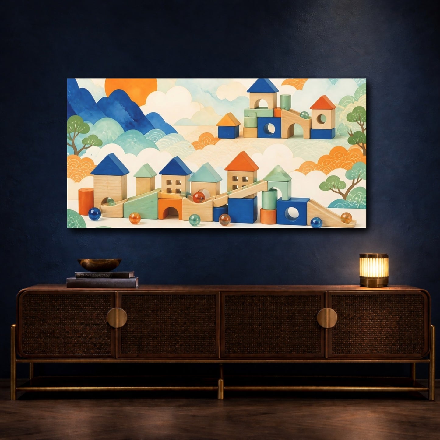 Mockup 4. Kids Room Wooden Village shown as canvas print