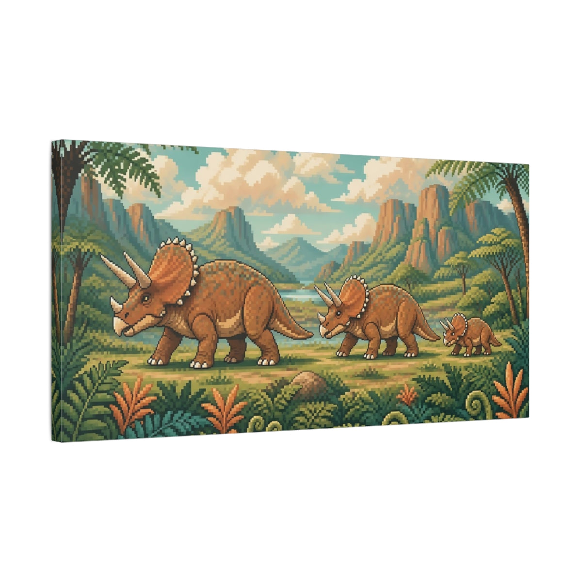 Side Mockup 1. Kids Triceratops Parade shown as canvas print
