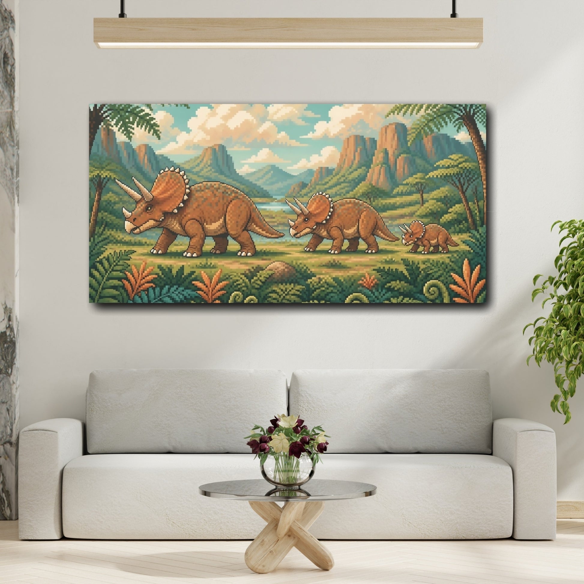 Mockup 2. Kids Triceratops Parade shown as canvas print