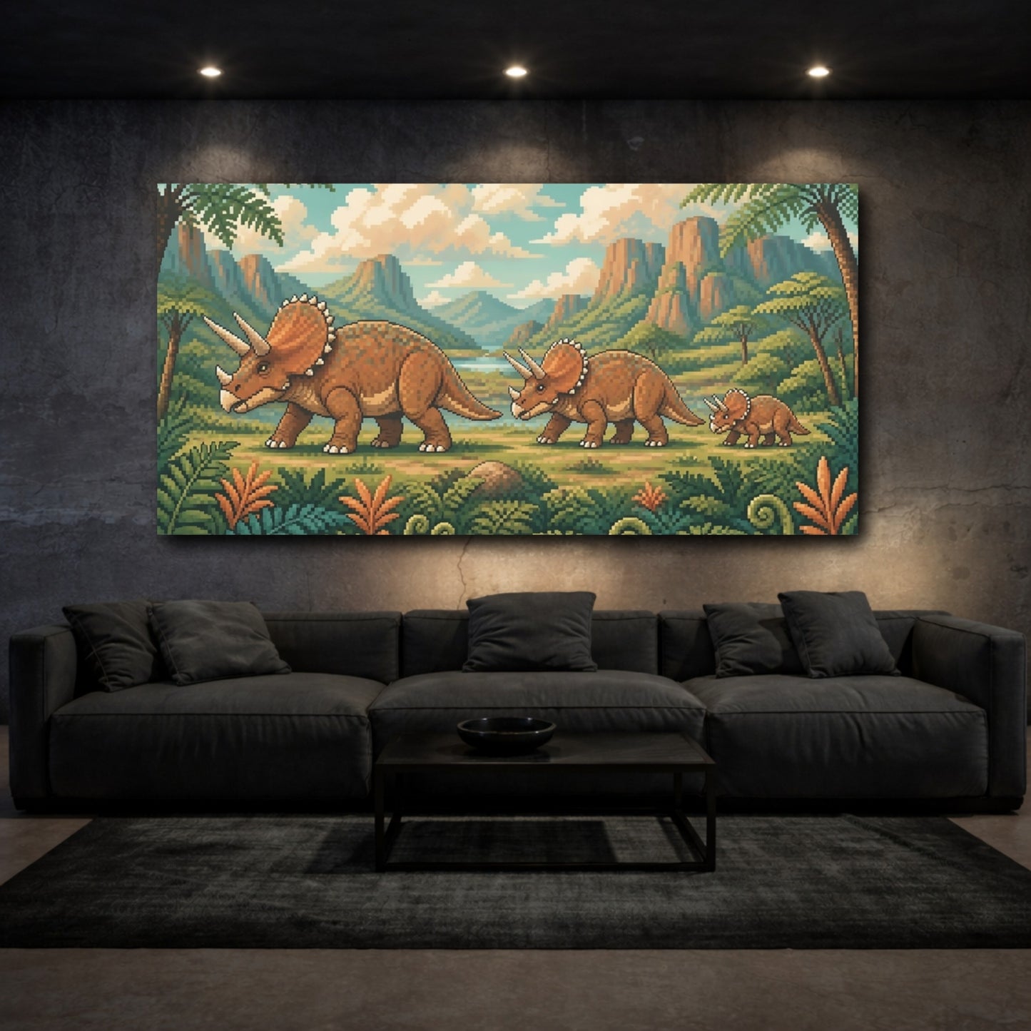 Mockup 3. Kids Triceratops Parade shown as canvas print