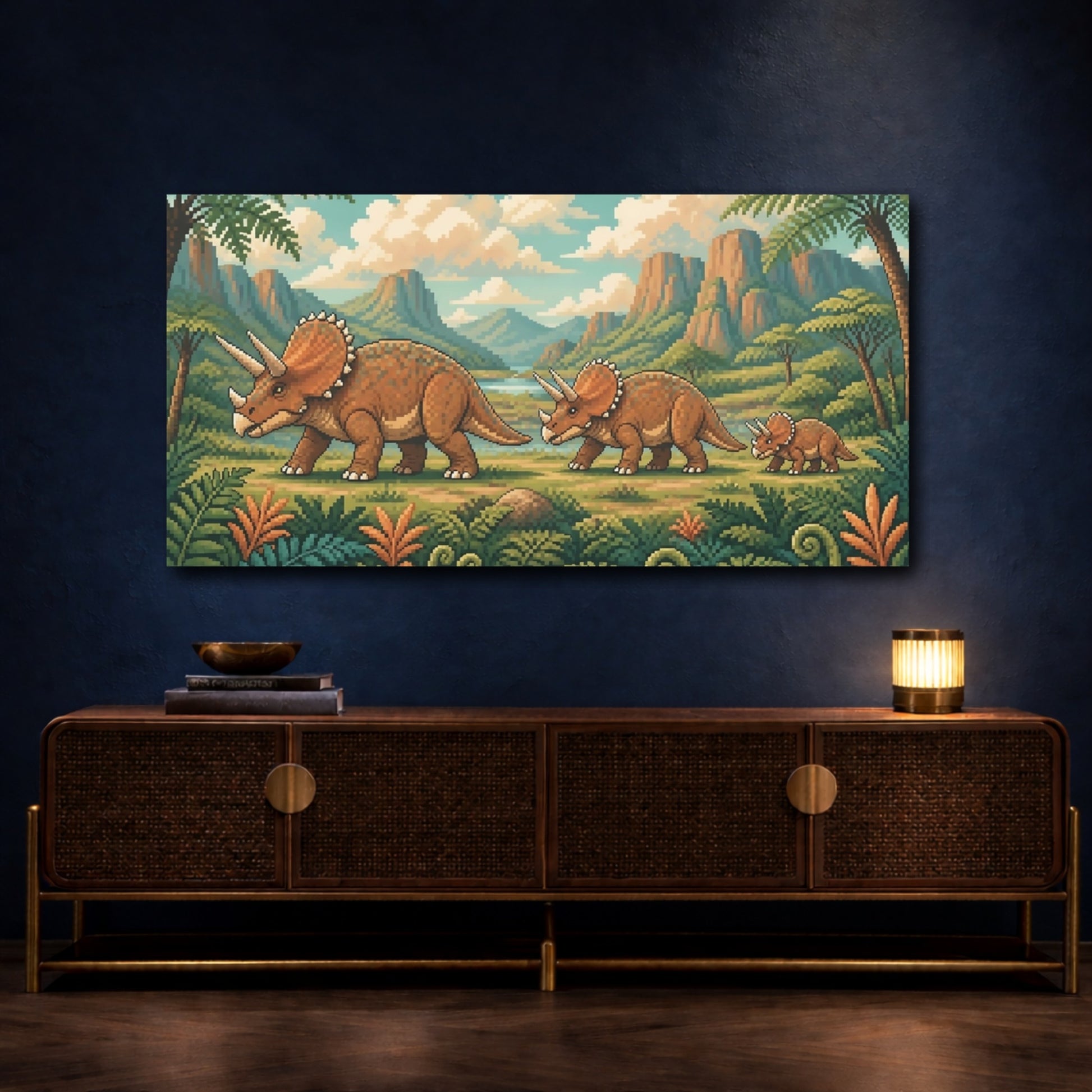 Mockup 4. Kids Triceratops Parade shown as canvas print