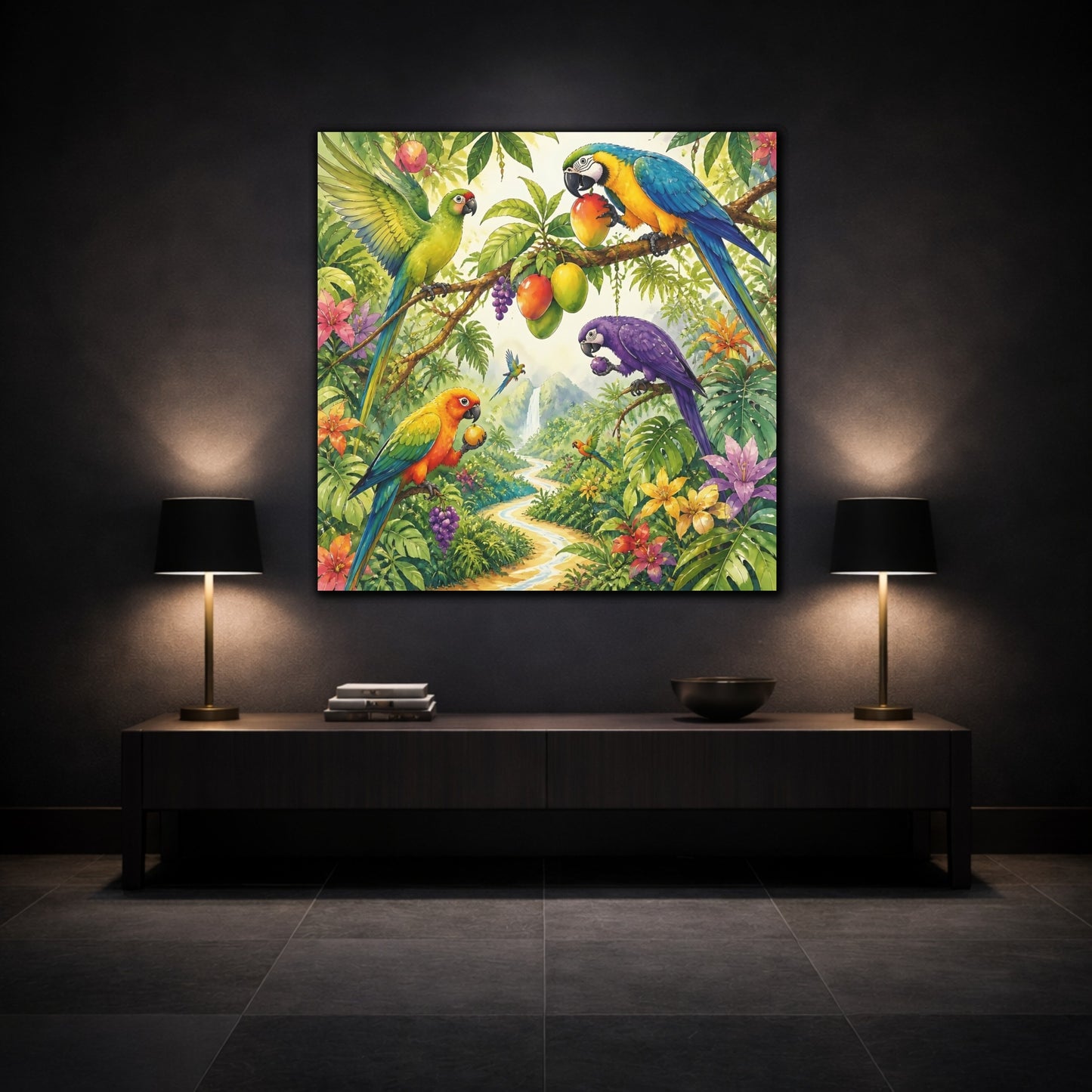 Mockup 3. Kids Tropical Parrots shown as canvas print