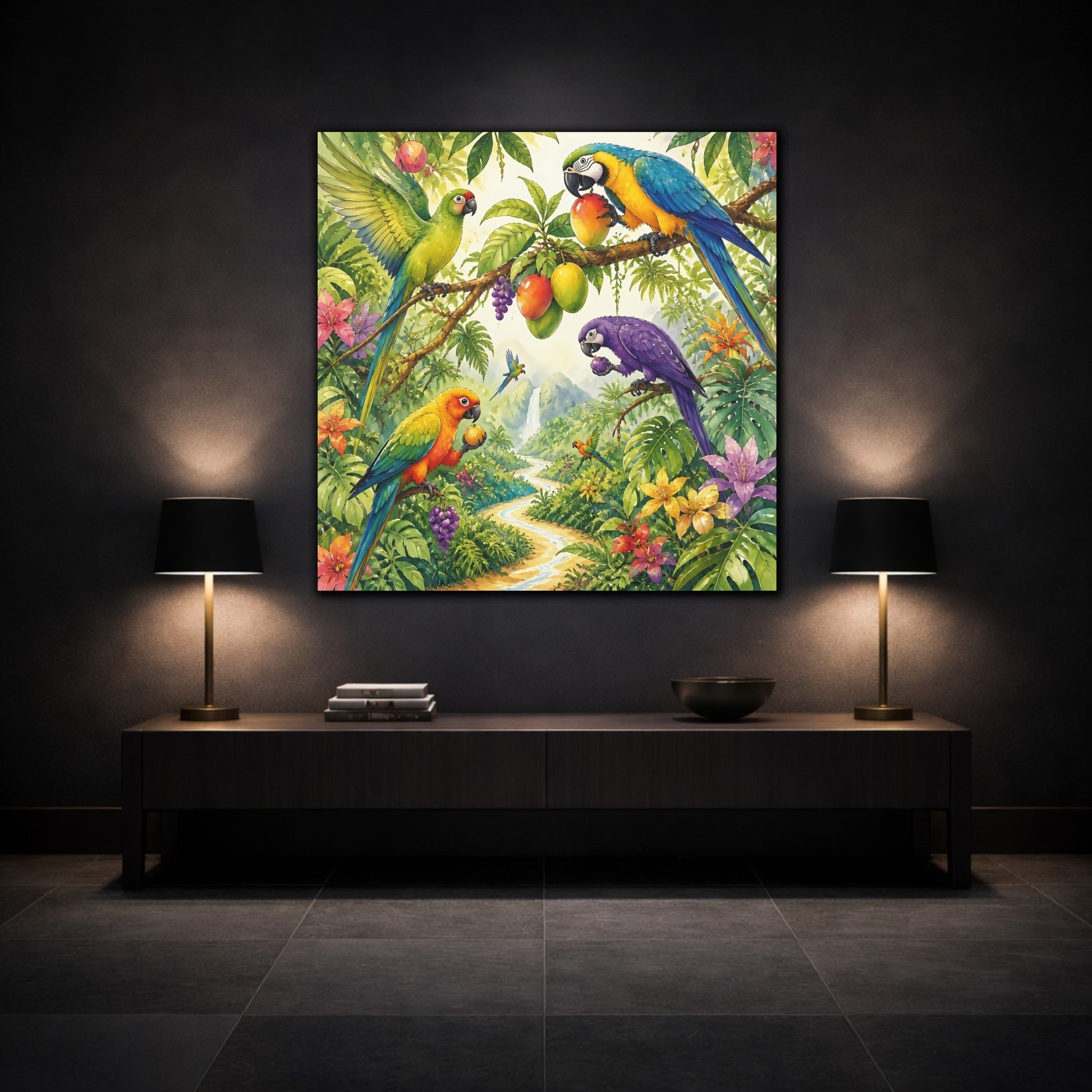 Mockup 3. Kids Tropical Parrots shown as canvas print
