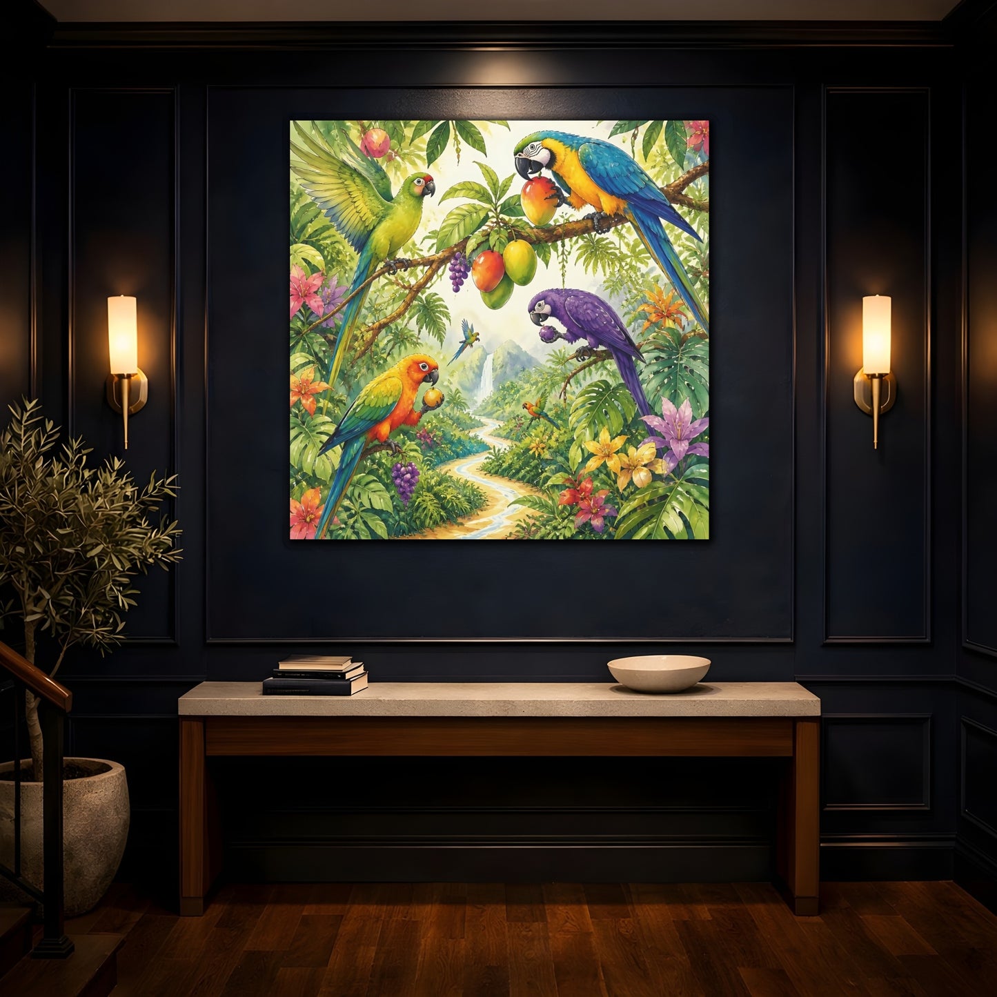 Mockup 4. Kids Tropical Parrots shown as canvas print