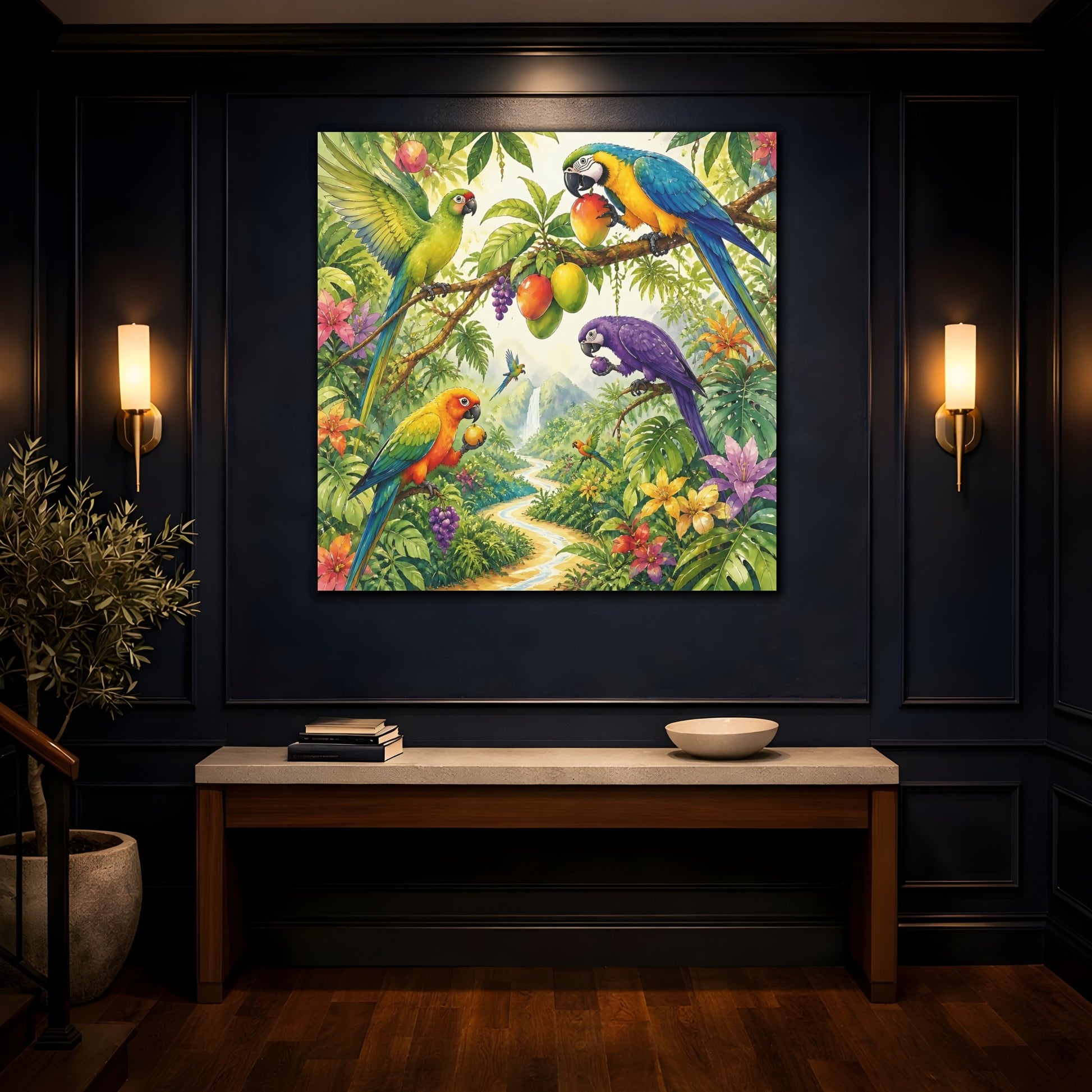 Mockup 4. Kids Tropical Parrots shown as canvas print