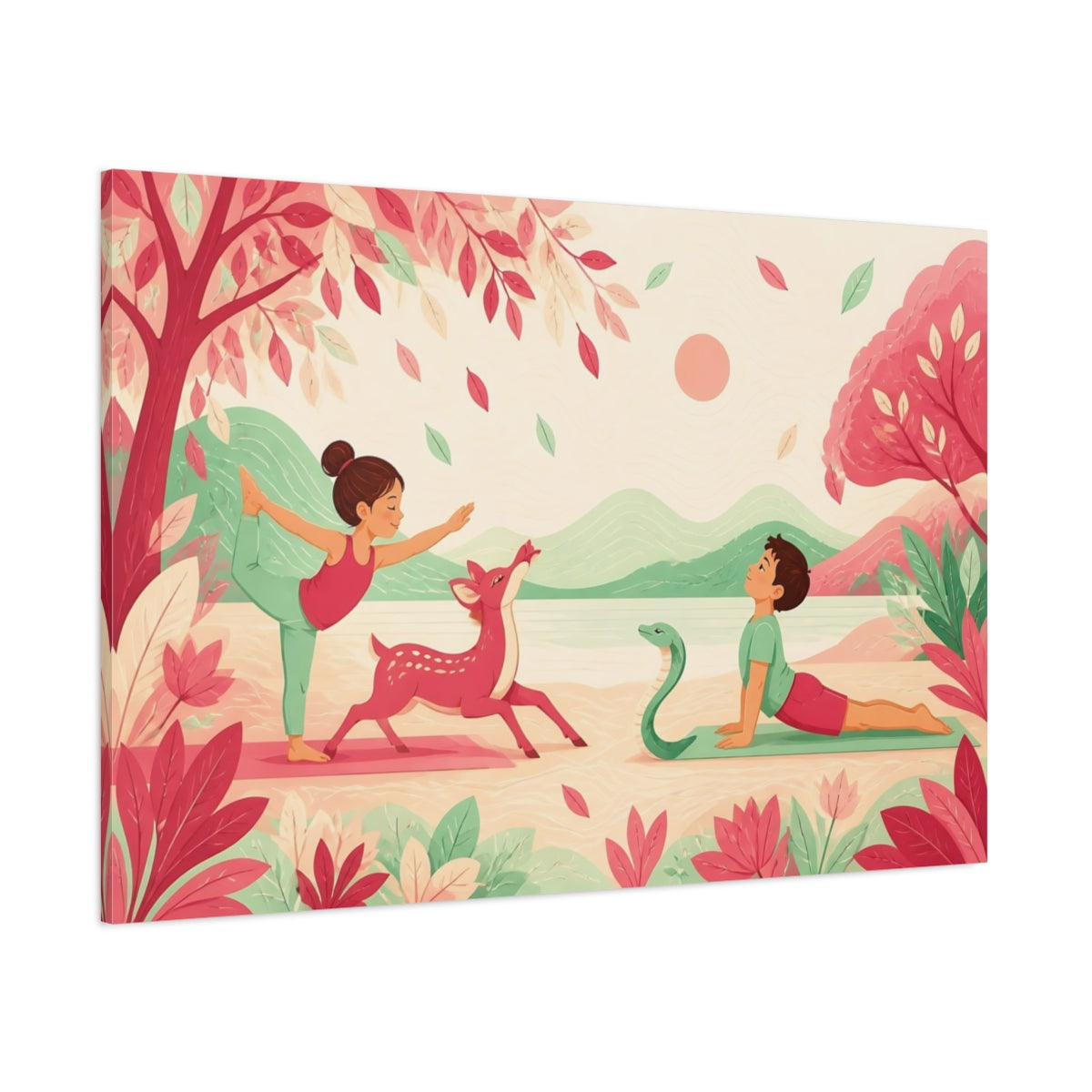 Side Mockup 1. Kids Yoga With Deer shown as canvas print