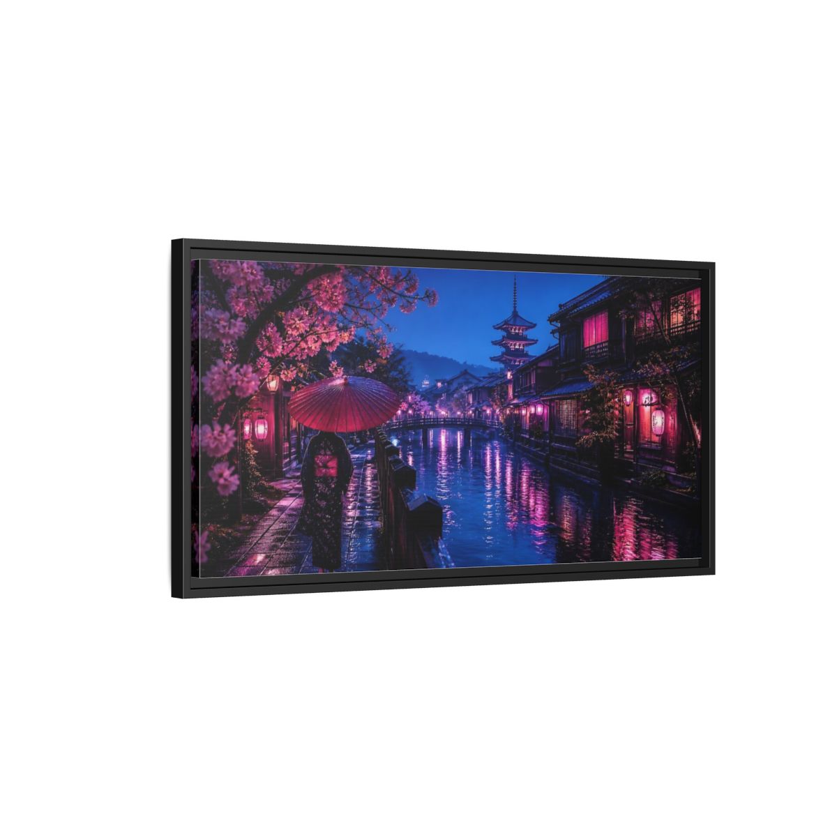 Side Mockup 2. Kimono Stroll By Canal shown as framed canvas print