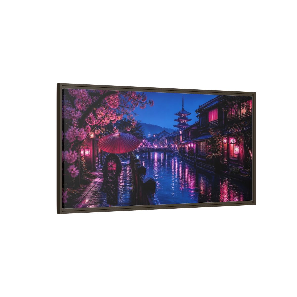 Side Mockup 4. Kimono Stroll By Canal shown as framed canvas print