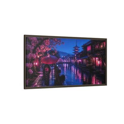 Side Mockup 4. Kimono Stroll By Canal shown as framed canvas print