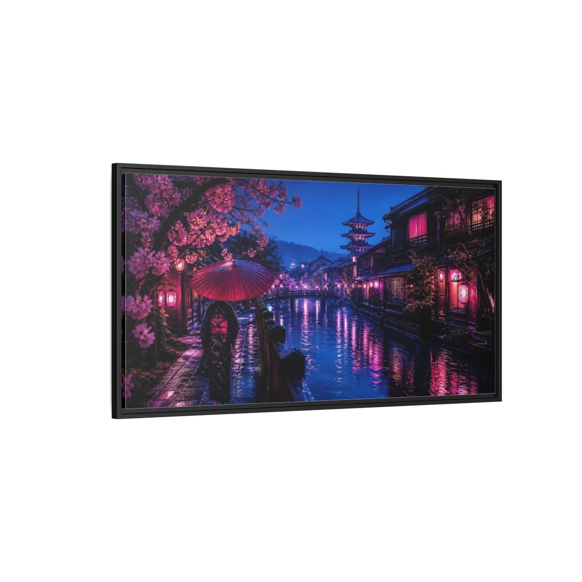 Side Mockup 5. Kimono Stroll By Canal shown as framed canvas print