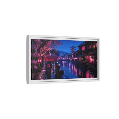 Side Mockup 6. Kimono Stroll By Canal shown as framed canvas print