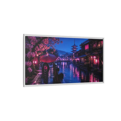 Side Mockup 3. Kimono Stroll By Canal shown as framed canvas print