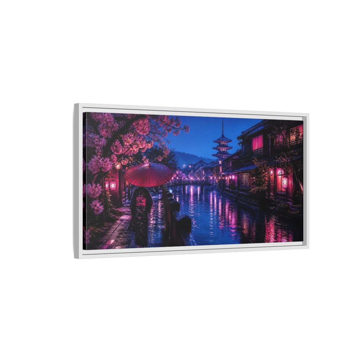 Side Mockup 1. Kimono Stroll By Canal shown as framed canvas print
