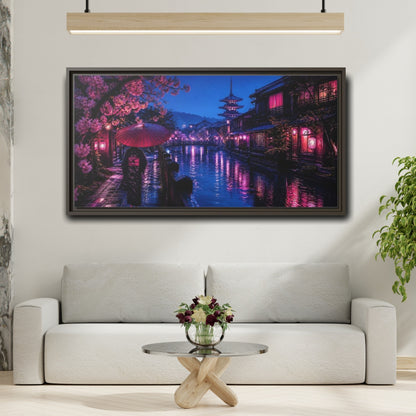 Mockup 2. Kimono Stroll By Canal shown as framed canvas print
