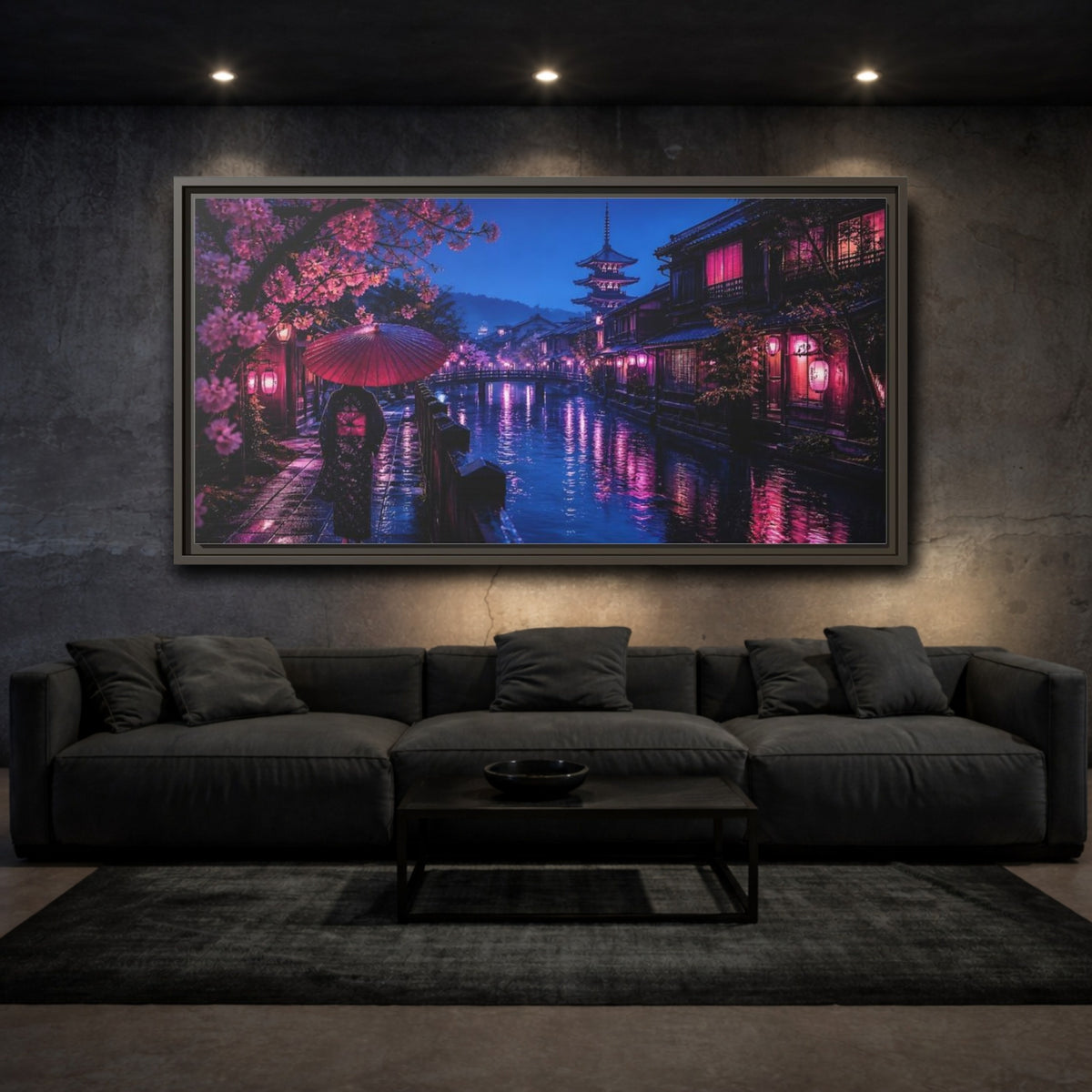 Mockup 3. Kimono Stroll By Canal shown as framed canvas print
