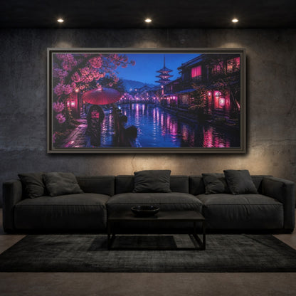 Mockup 3. Kimono Stroll By Canal shown as framed canvas print