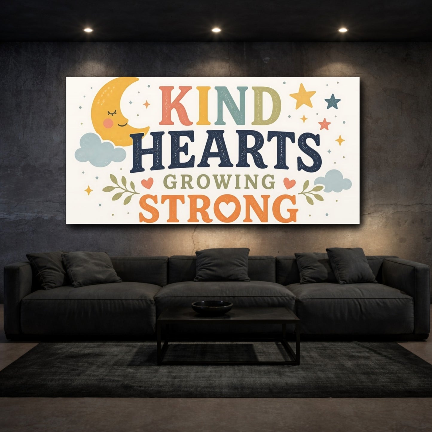 Mockup 3. Kind Hearts Nursery Art shown as canvas print