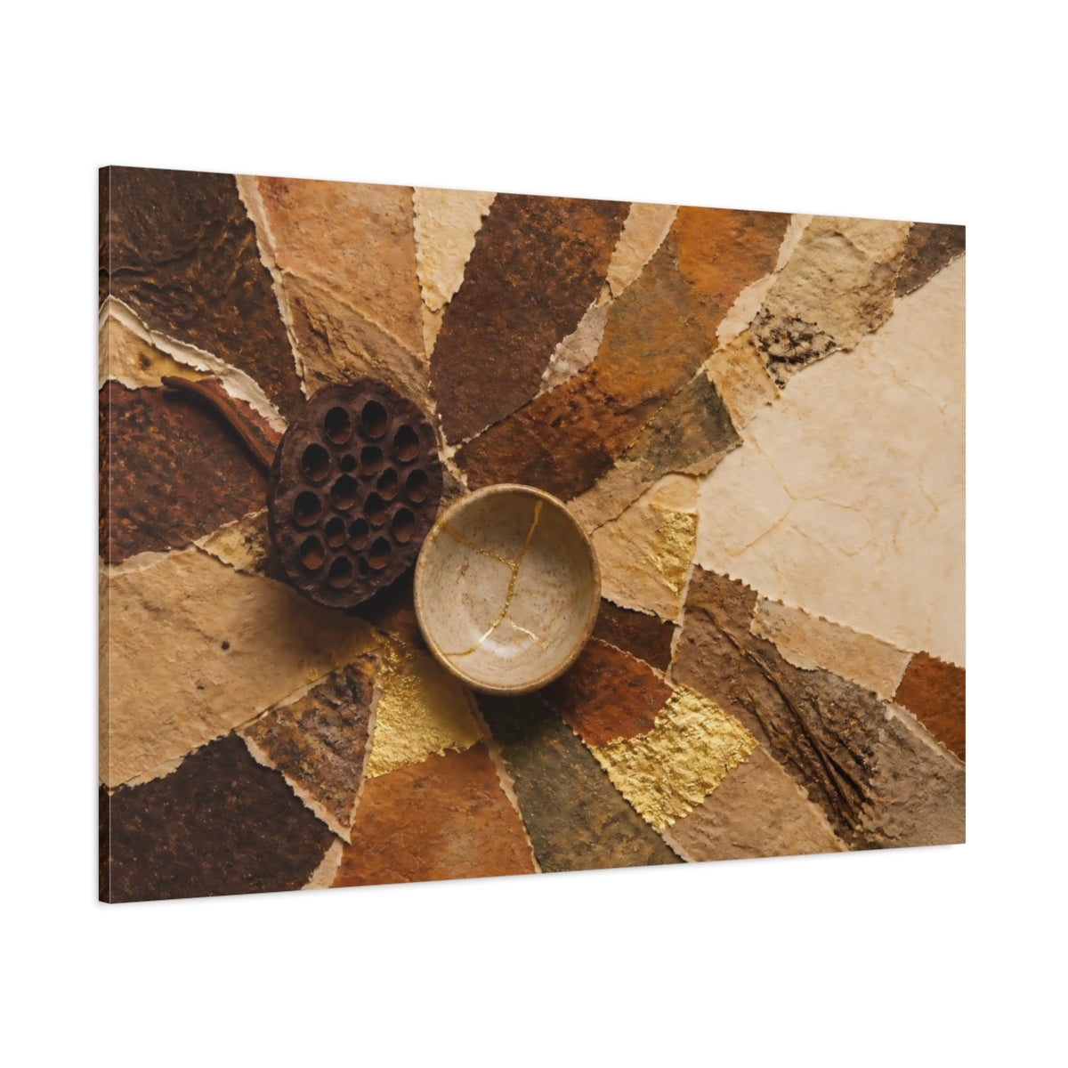 Side Mockup 1. Kintsugi Bowl And Seedpod shown as canvas print