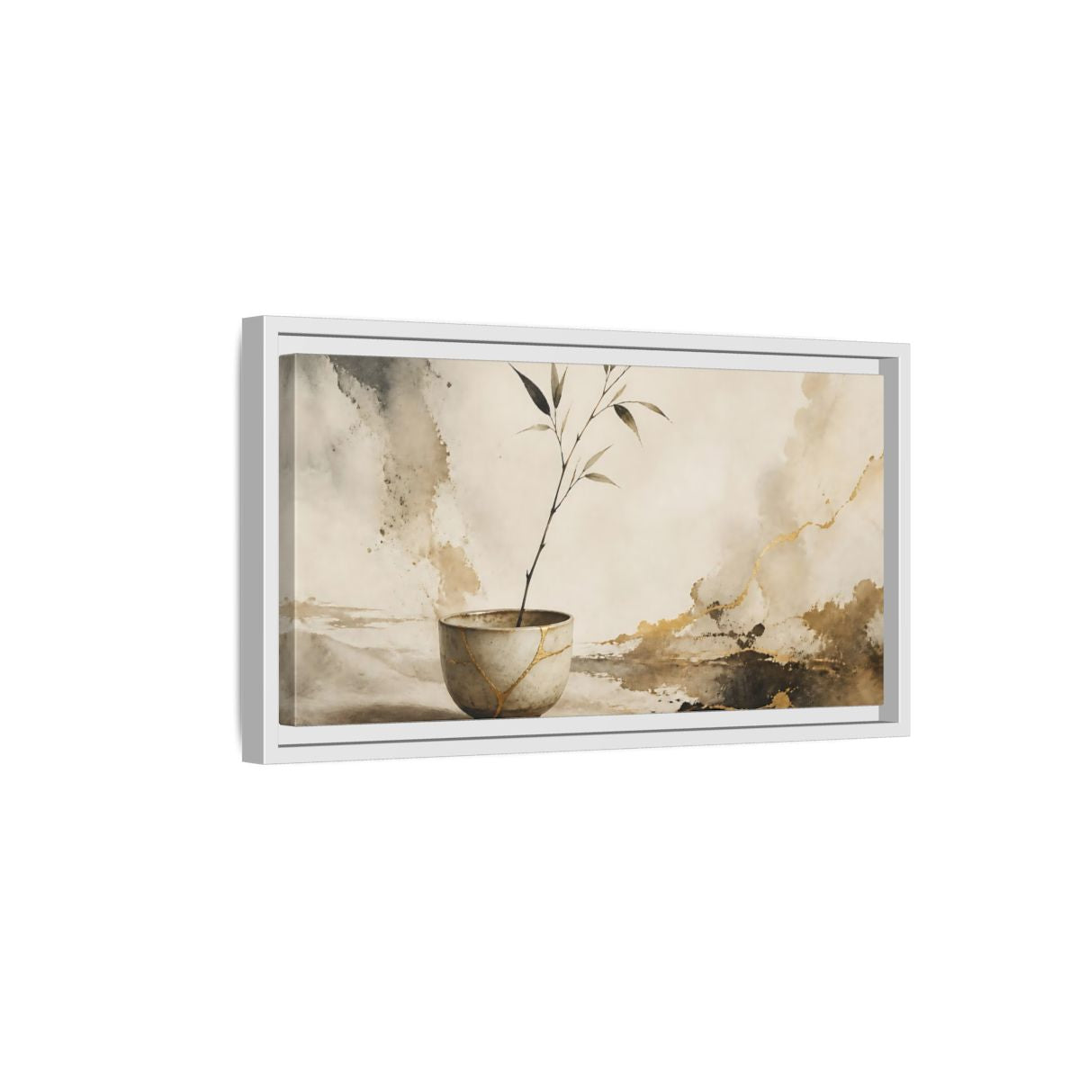 Side Mockup 6. Kintsugi Cup With Branch shown as framed canvas print
