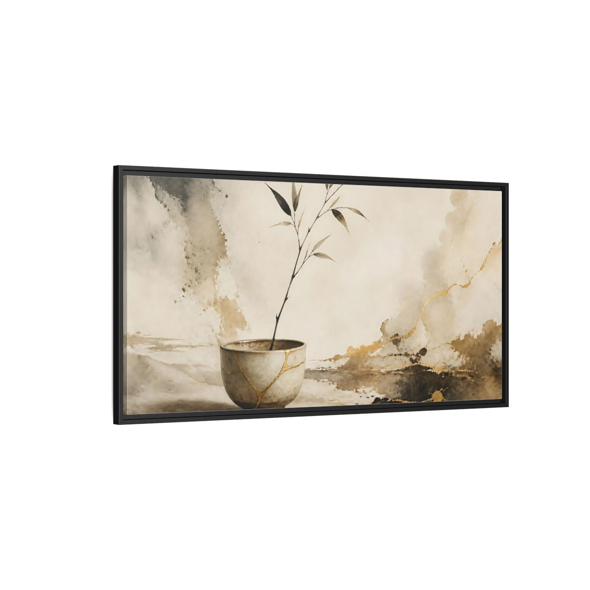 Side Mockup 5. Kintsugi Cup With Branch shown as framed canvas print