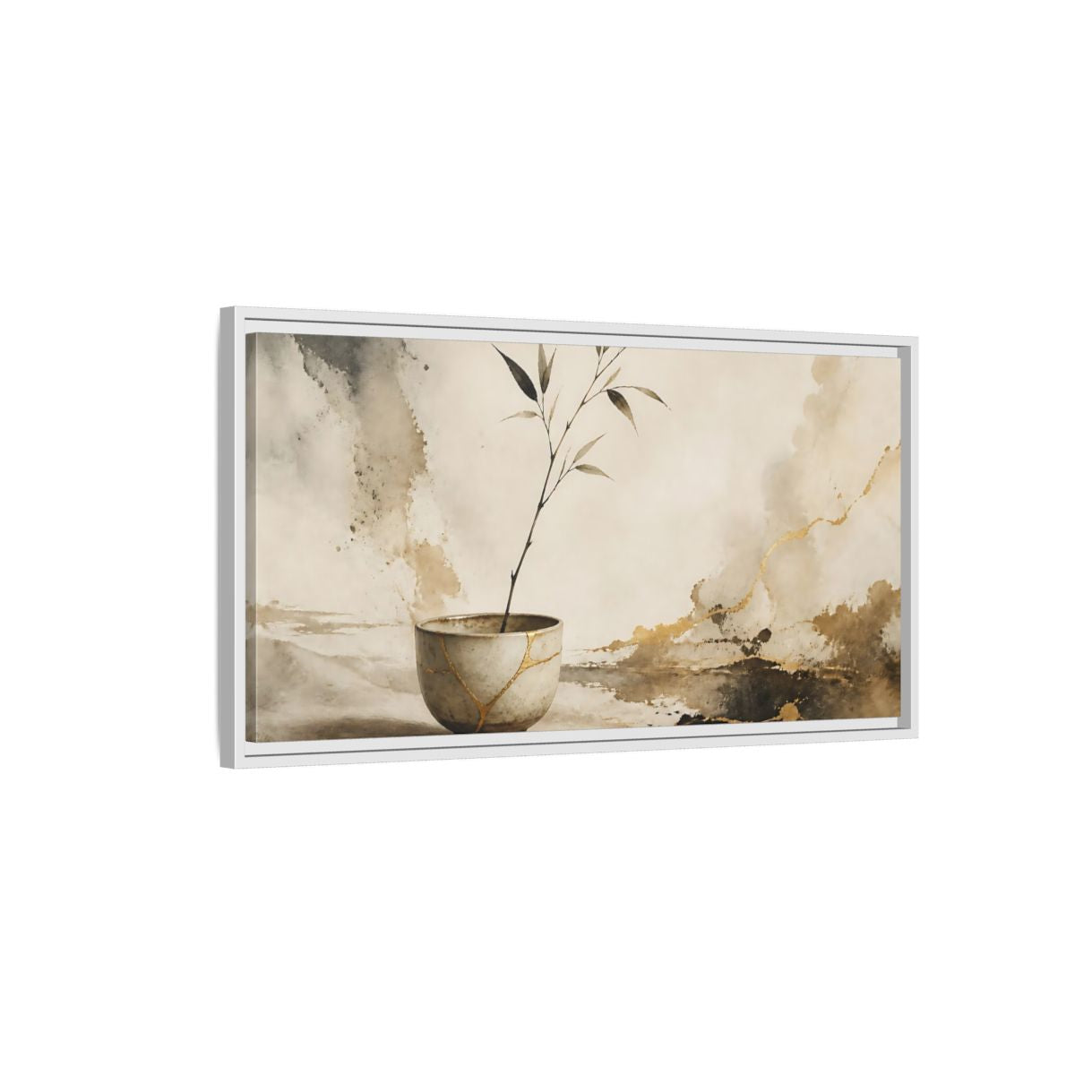 Side Mockup 1. Kintsugi Cup With Branch shown as framed canvas print