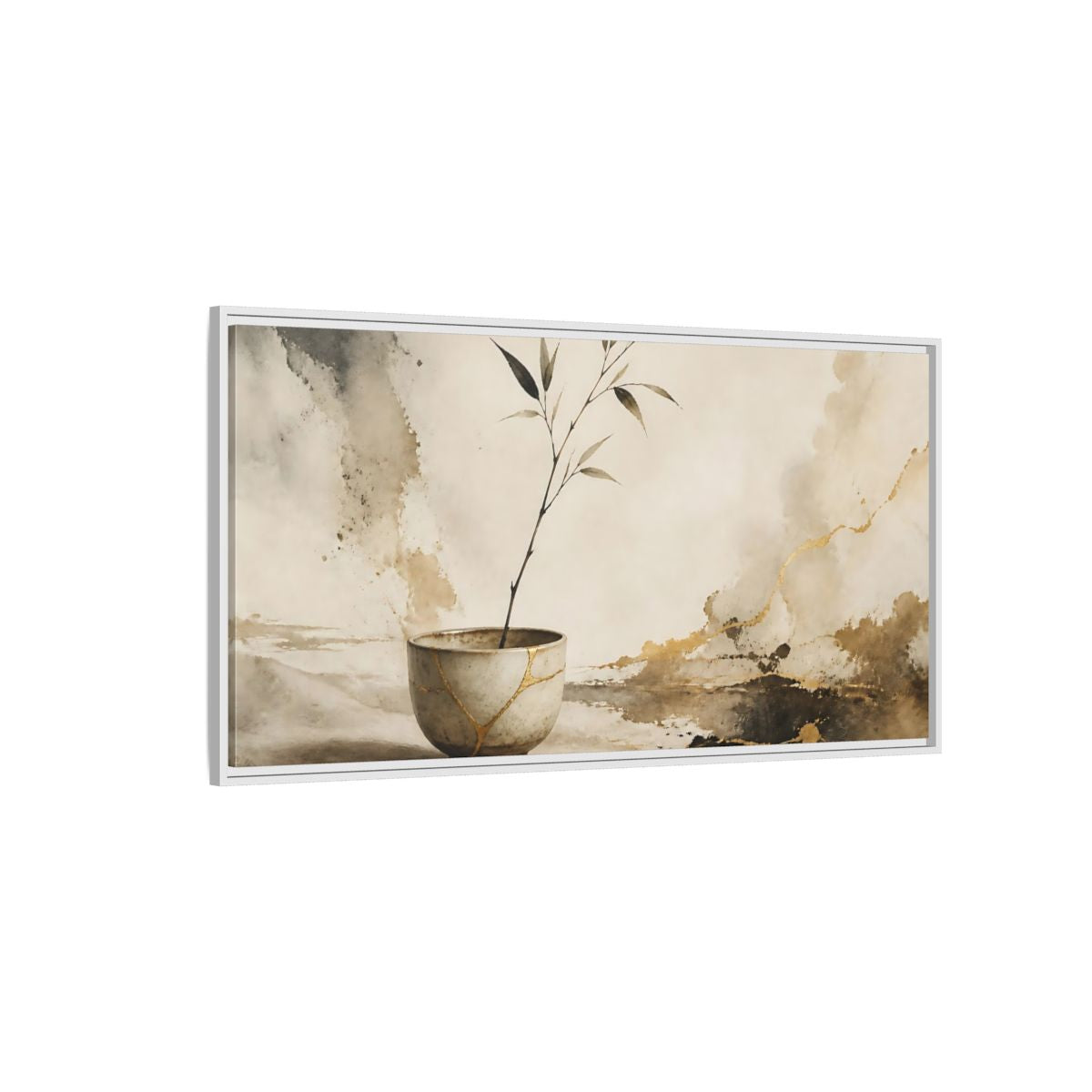 Side Mockup 3. Kintsugi Cup With Branch shown as framed canvas print