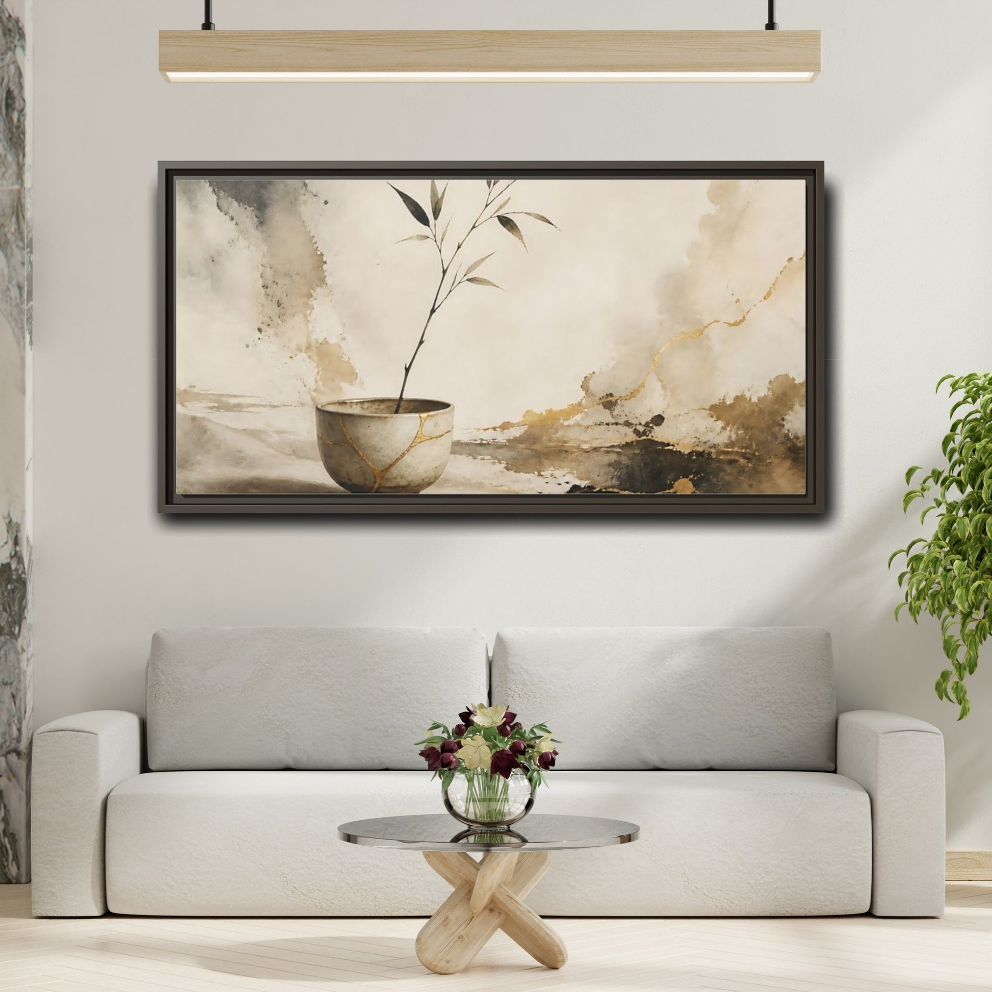 Mockup 2. Kintsugi Cup With Branch shown as framed canvas print