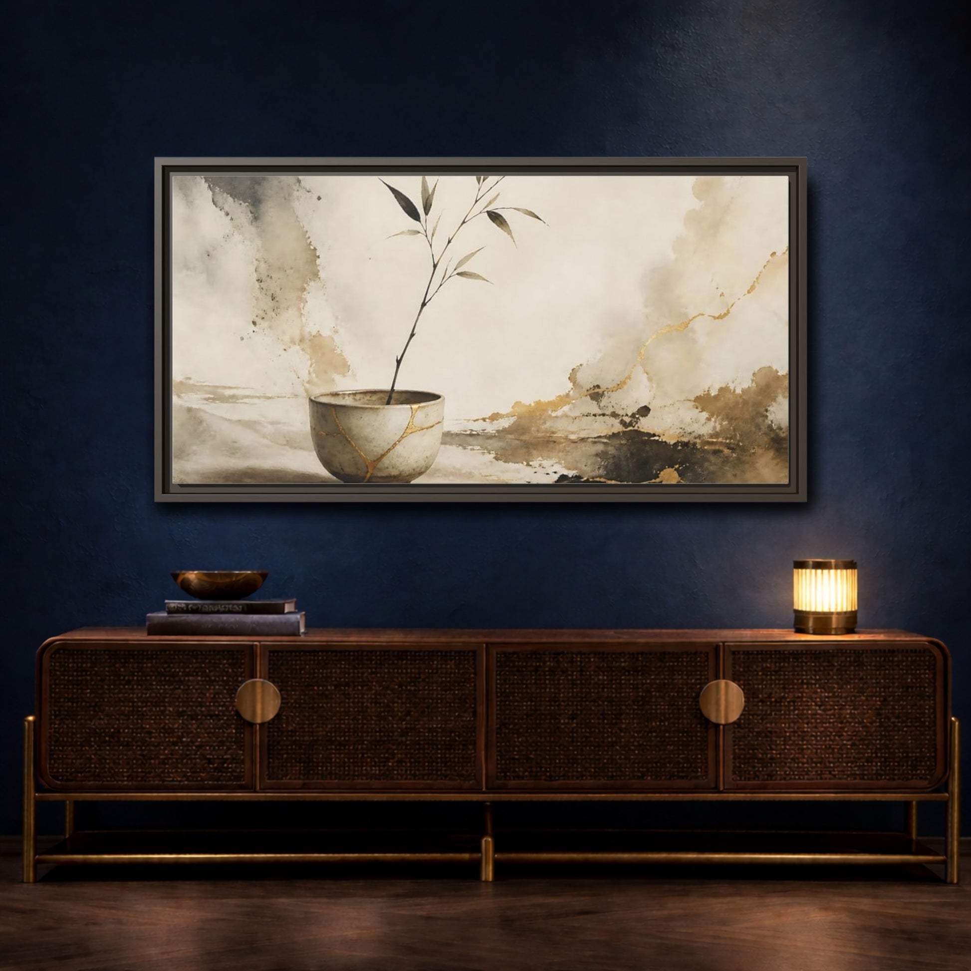 Mockup 4. Kintsugi Cup With Branch shown as framed canvas print