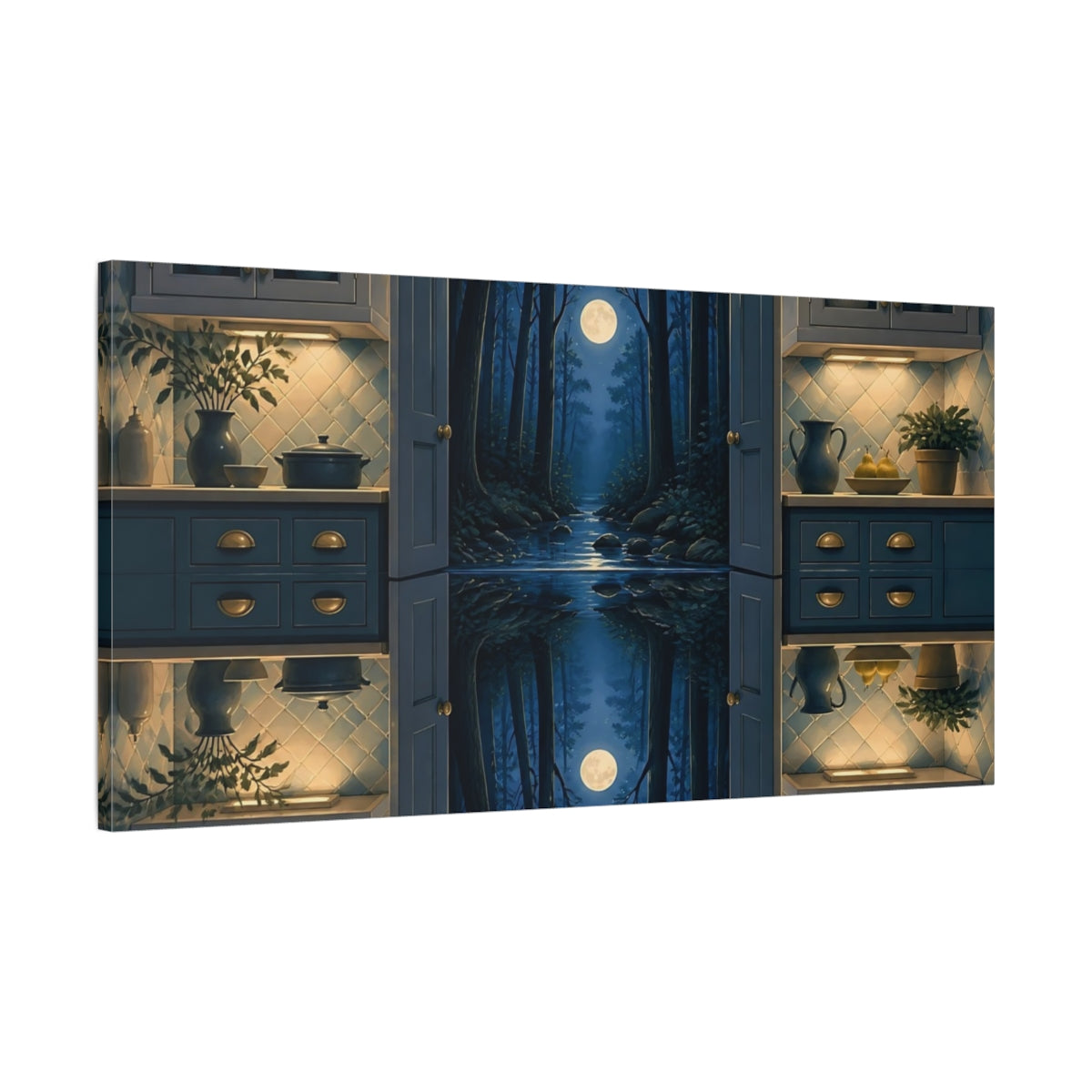 Main Mockup. Kitchen Opens To Moonlit Forest shown as canvas print
