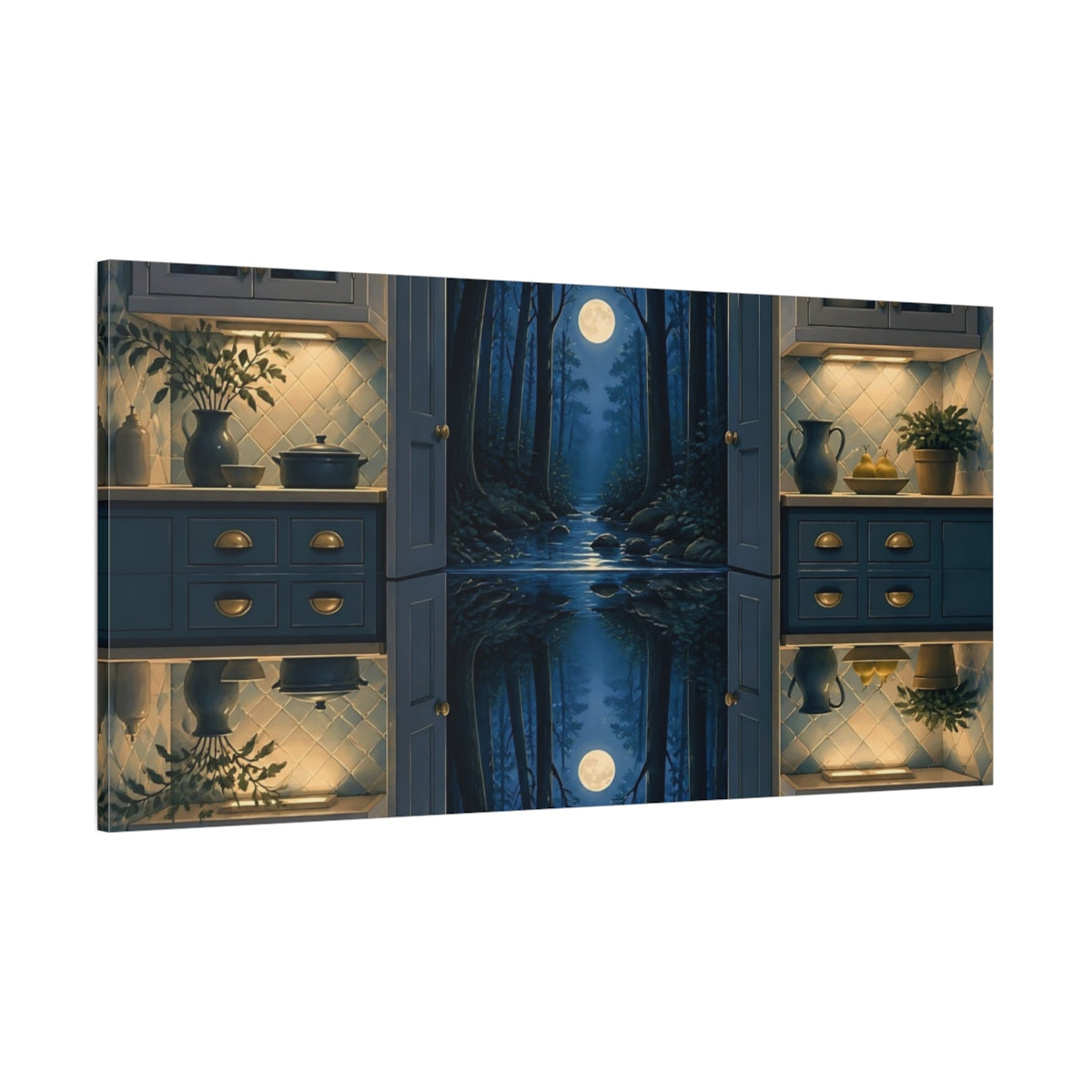 Side Mockup 2. Kitchen Opens To Moonlit Forest shown as canvas print