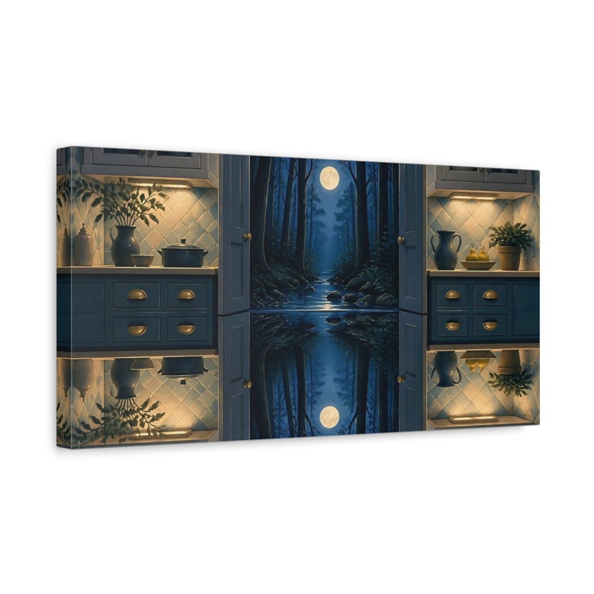 Side Mockup 3. Kitchen Opens To Moonlit Forest shown as canvas print