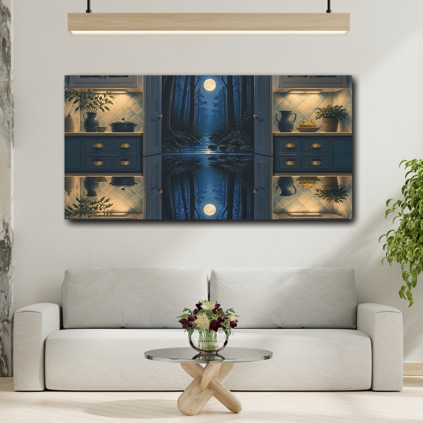 Mockup 2. Kitchen Opens To Moonlit Forest shown as canvas print