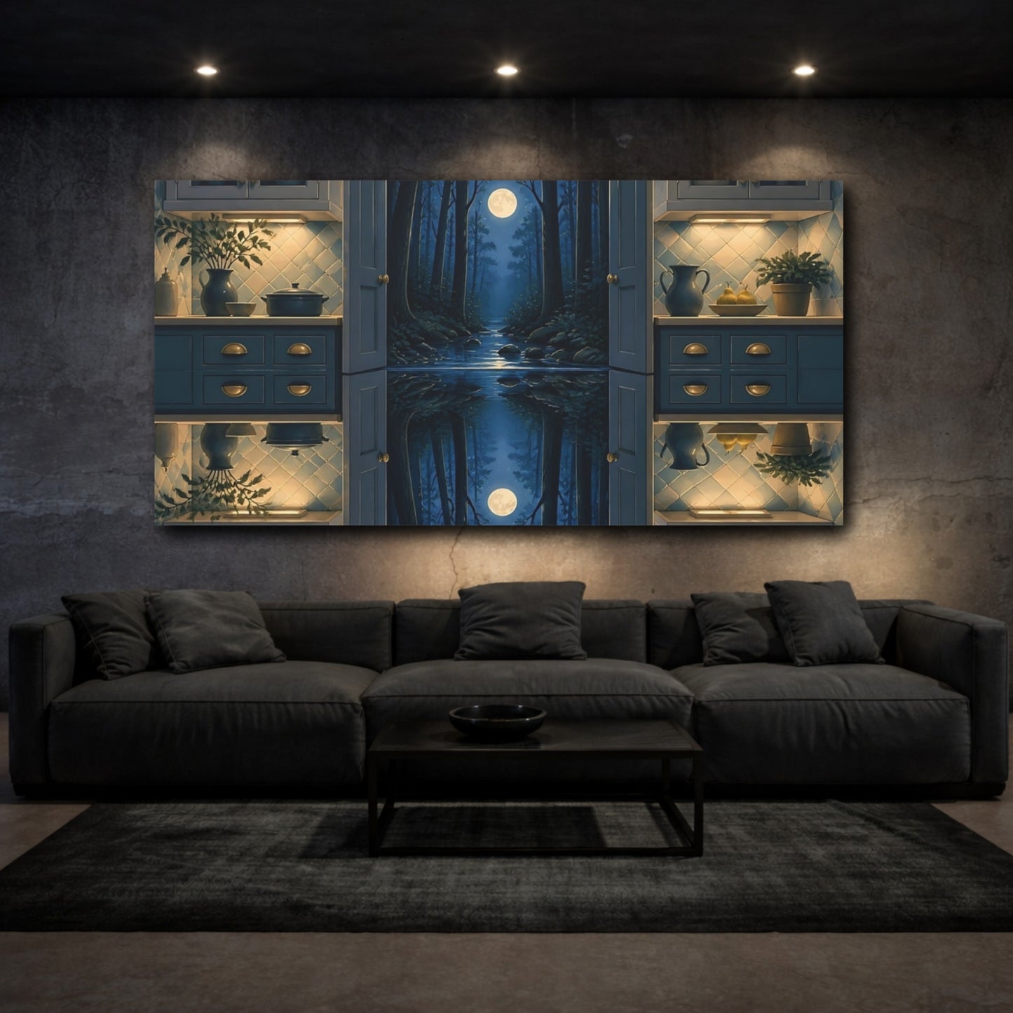 Mockup 3. Kitchen Opens To Moonlit Forest shown as canvas print