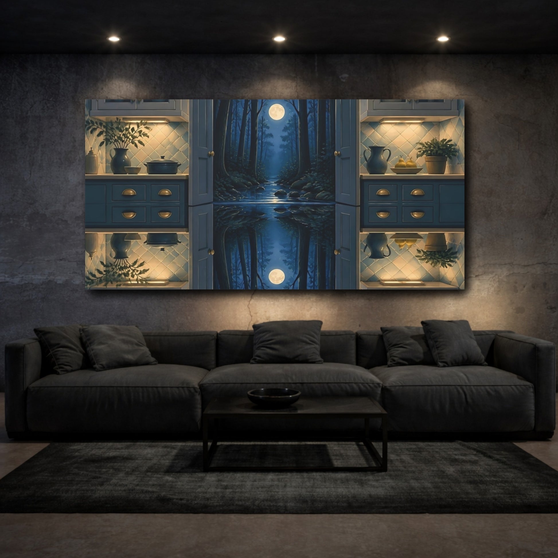 Mockup 3. Kitchen Opens To Moonlit Forest shown as canvas print