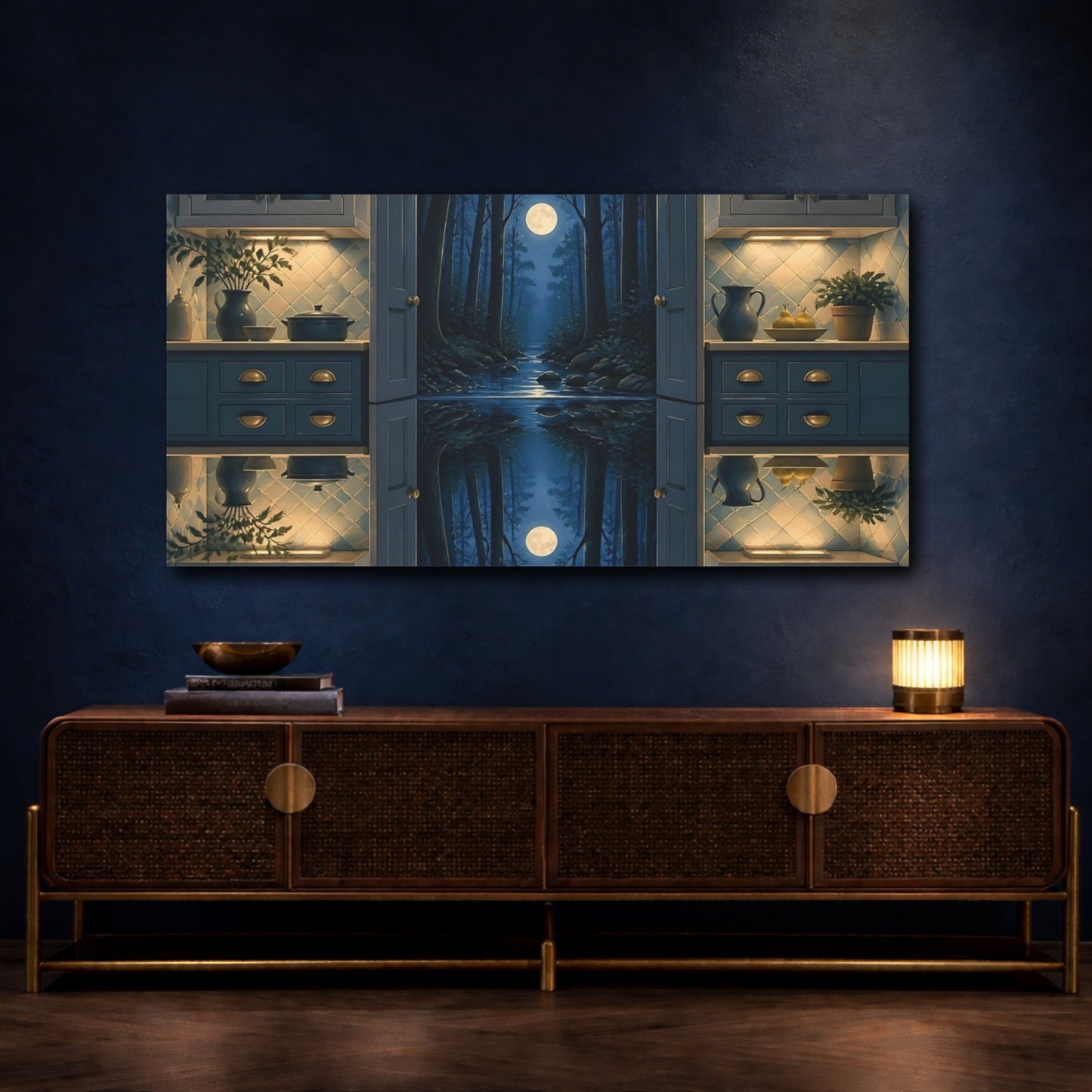 Mockup 4. Kitchen Opens To Moonlit Forest shown as canvas print