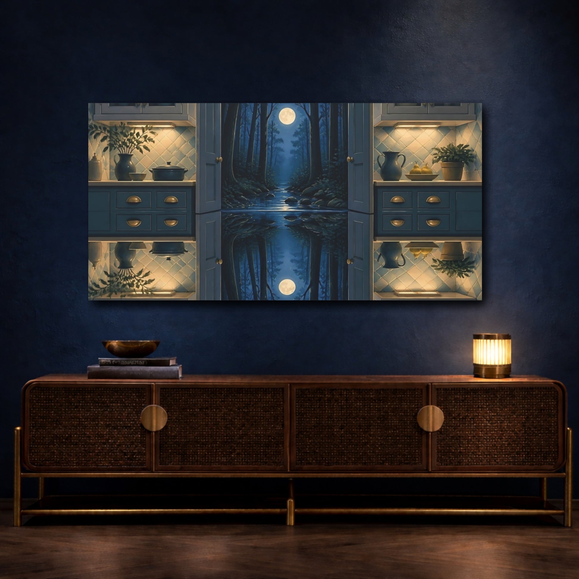 Mockup 4. Kitchen Opens To Moonlit Forest shown as canvas print