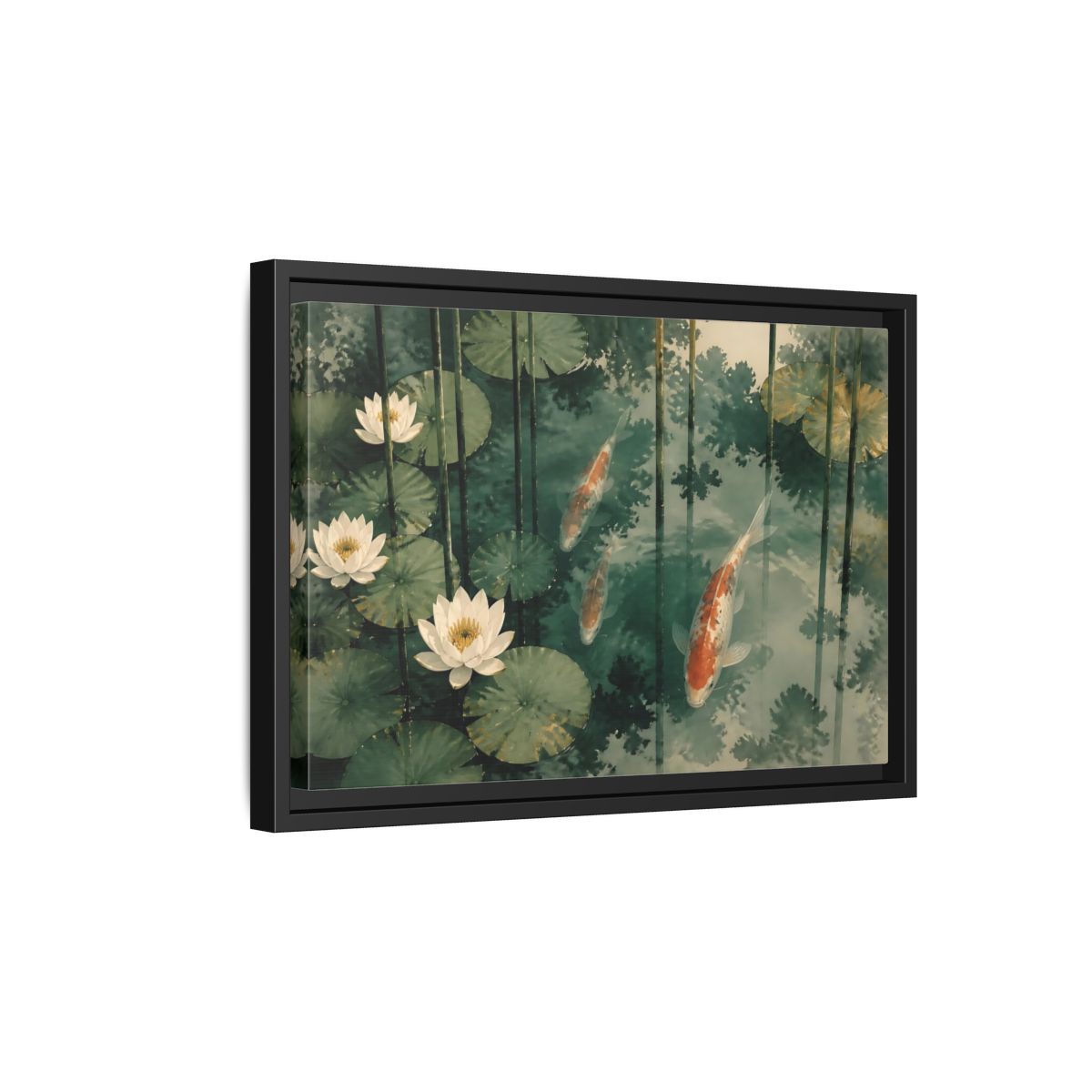 Side Mockup 6. Koi And Lotus Pond shown as framed canvas print