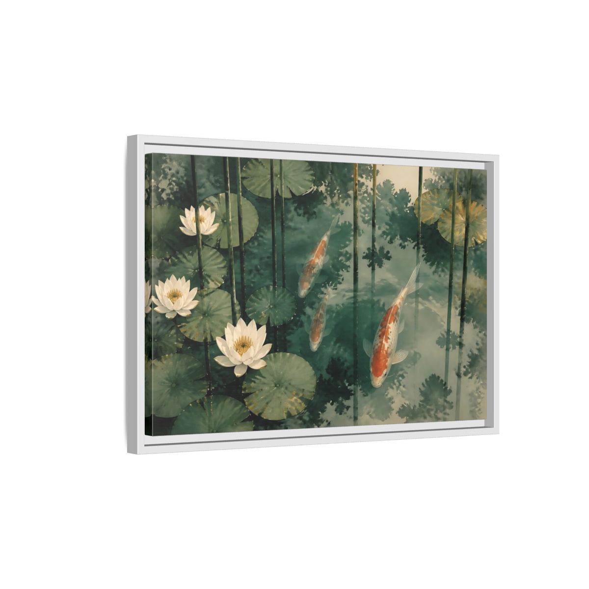 Side Mockup 1. Koi And Lotus Pond shown as framed canvas print
