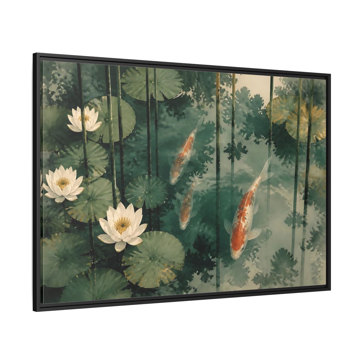 Side Mockup 12. Koi And Lotus Pond shown as framed canvas print