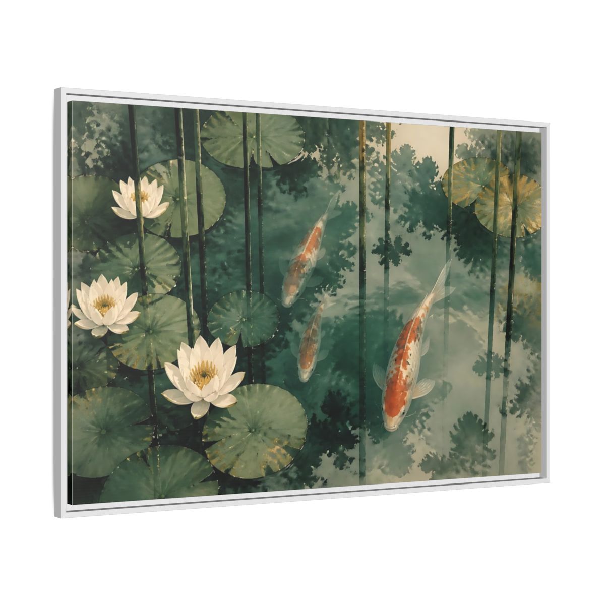 Side Mockup 7. Koi And Lotus Pond shown as framed canvas print