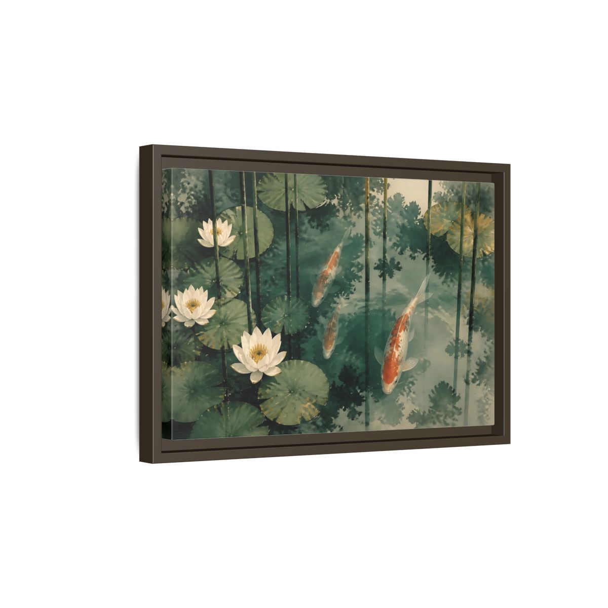 Side Mockup 5. Koi And Lotus Pond shown as framed canvas print