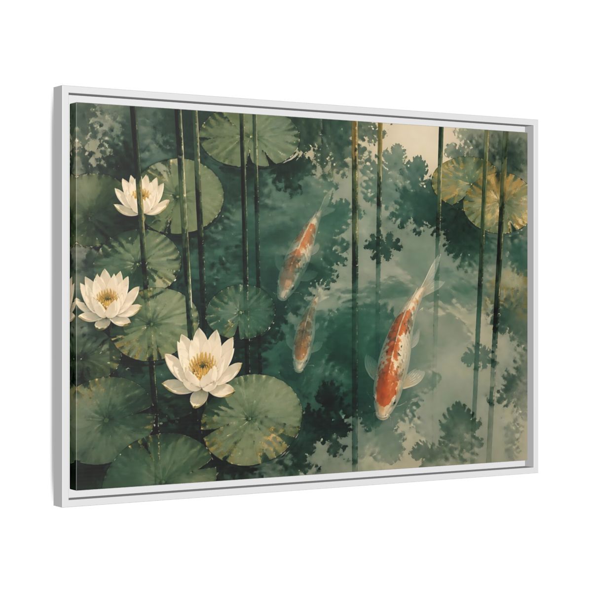 Side Mockup 9. Koi And Lotus Pond shown as framed canvas print