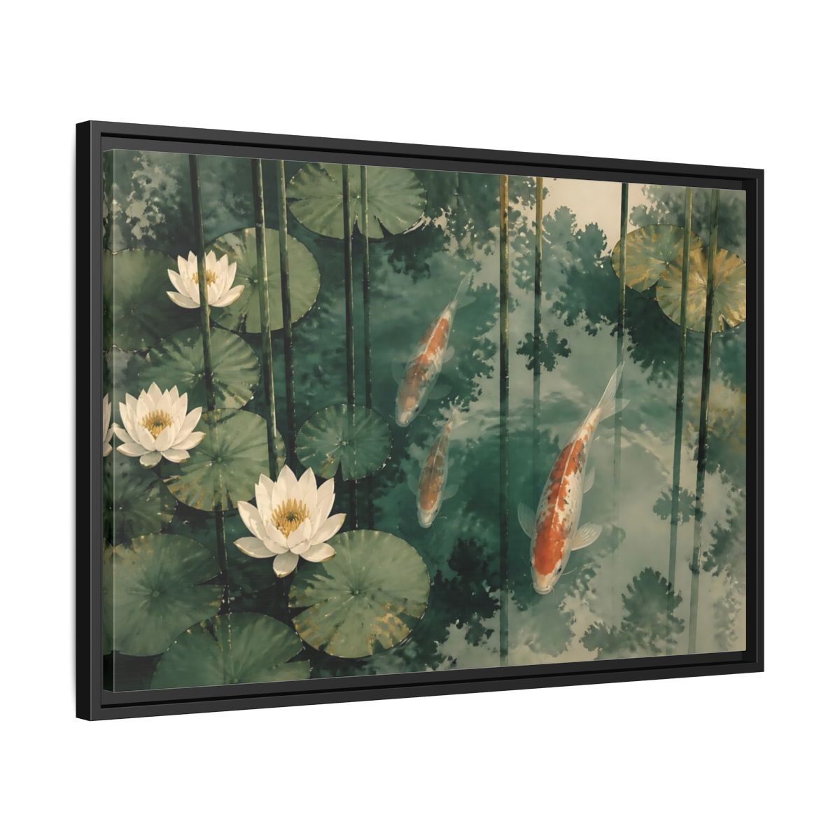 Side Mockup 14. Koi And Lotus Pond shown as framed canvas print