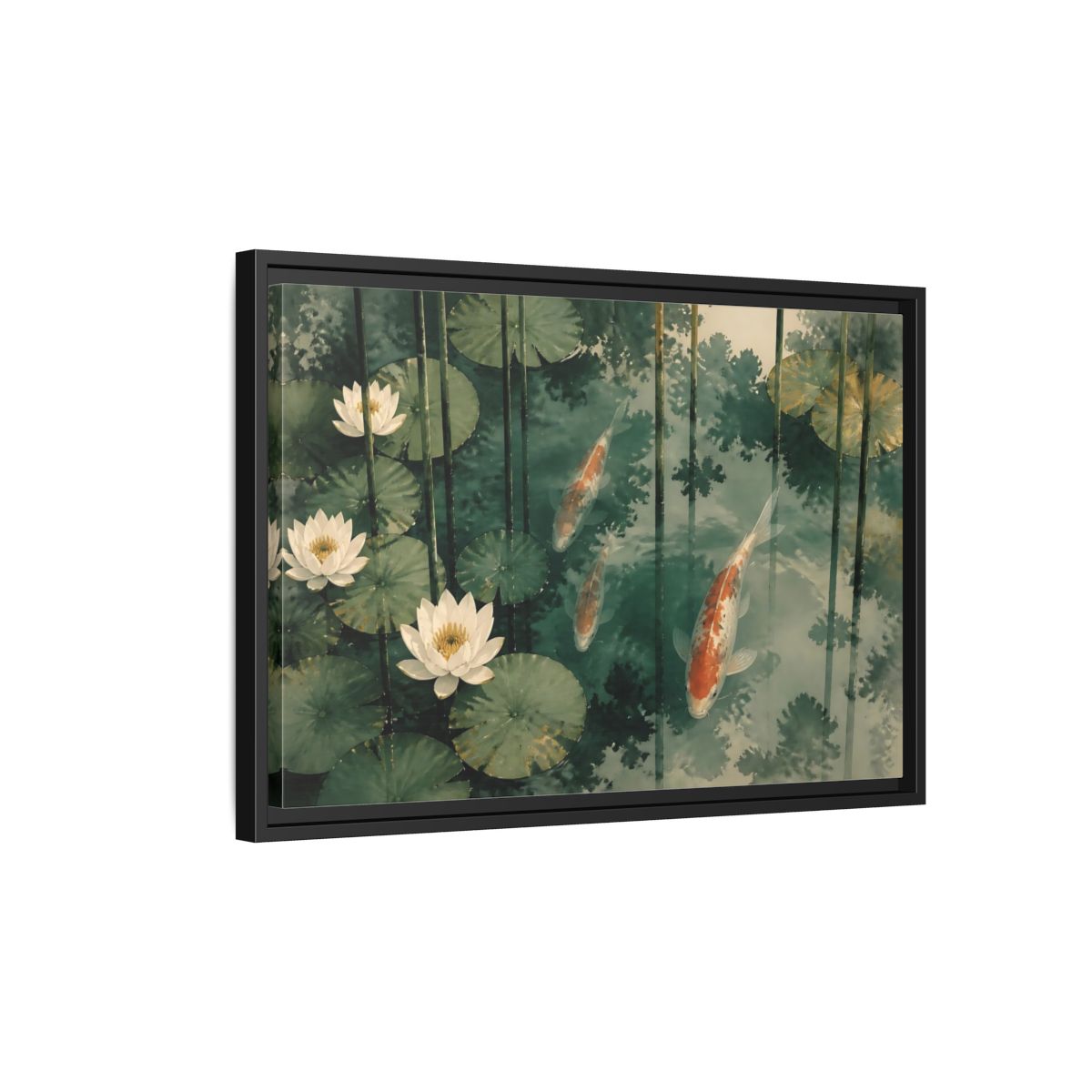 Side Mockup 3. Koi And Lotus Pond shown as framed canvas print