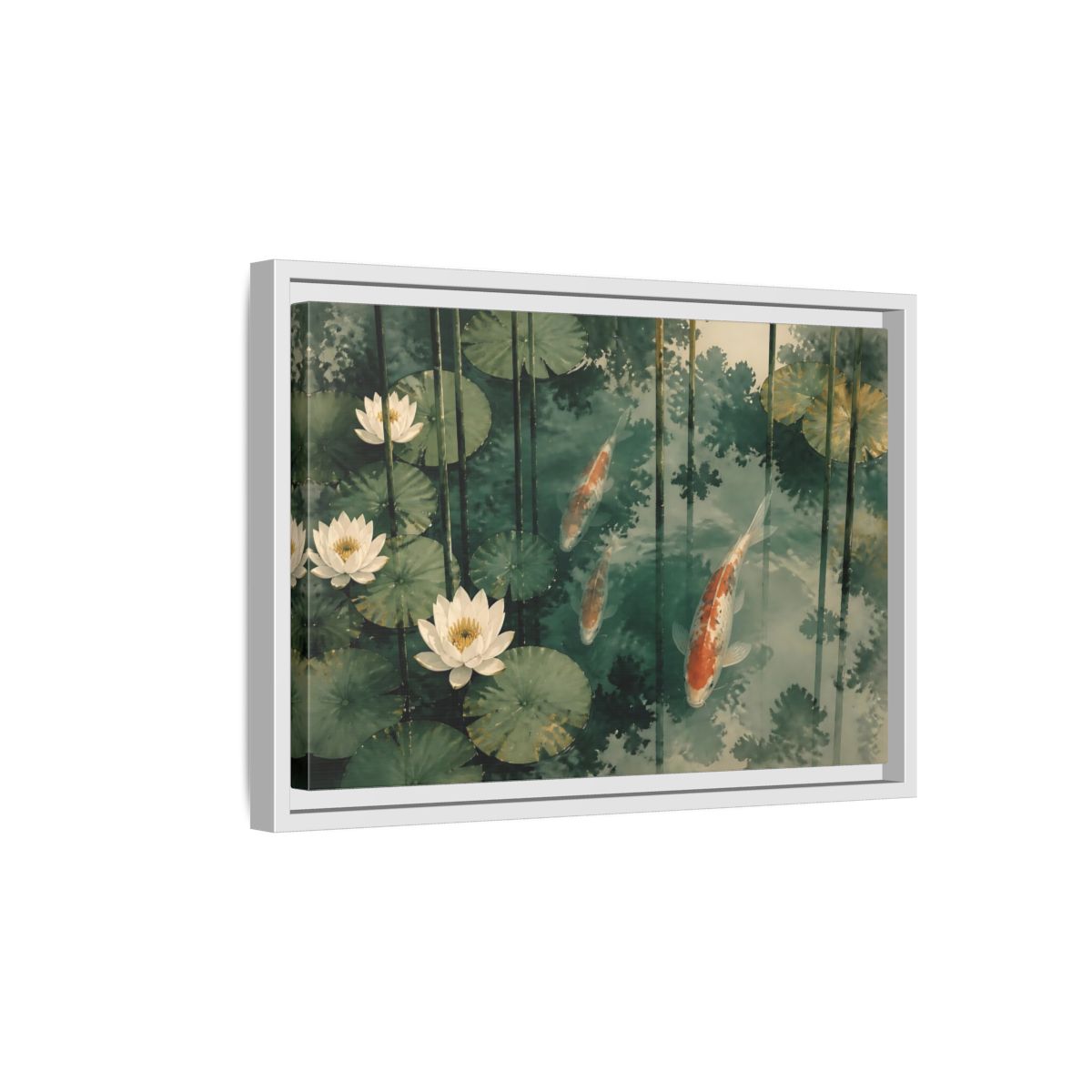 Side Mockup 4. Koi And Lotus Pond shown as framed canvas print